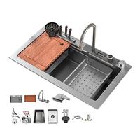 KOOGIMDDR Grigio 1 lavello da cucina con cascata, 75 x 45 cm, rubinetto a cascata a LED, tagliere scorrevole e lavastoviglie ad alta pressione, compatto e multifunzionale