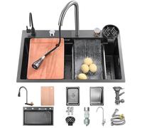 KOOGIMDDR - Lavandino da cucina con superficie di lavoro, 75 x 45 cm, dotato di rubinetto a cascata, in acciaio inox, per uso domestico, con idropulitrice, tagliere, scolapiatti e accessori