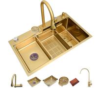 KOOGIMDDR Lavandino da Cucina in Acciaio Inox Oro Con Rubinetto a Cascata Set 68×46cm Nero Agriturismo Con Coppa Lavatrice Vassoio Rimovibile