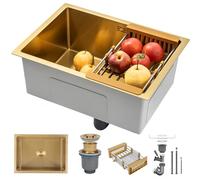 KOOGIMDDR Lavello Cucina 1 Vasca 60 x 40 cm Oro, Nano Lavandino Cucina in Acciaio Inox, Lavabo Cucina da Appoggio Lavelli da Cucina, Lavello Cucina con Set di Drenaggio, Sifone e Troppopieno