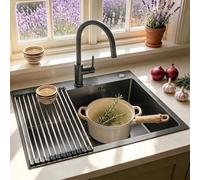 KOOGIMDDR Lavello Cucina 1 Vasca 60 x 45 cm Nero Grigio, Lavabo Cucina con 2 Fori Scolapiatti da Appoggio, Nano Lavello in Acciaio Inox Lavandino Cucina con Dispenser Sapone y Set di Drenaggio