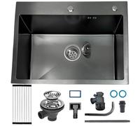 KOOGIMDDR Lavello Cucina 1 Vasca 60 x 45 cm Nero Grigio, Lavabo Cucina con 2 Fori Scolapiatti da Appoggio, Nano Lavello in Acciaio Inox Lavandino Cucina con Dispenser Sapone y Set di Drenaggio