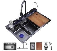 KOOGIMDDR Lavello Cucina in Acciaio Inox 68x46cm Multifunzione - Cascata lavandino Acqua, Rubinetto Estraibile, Tagliere Integrato, Dispenser Sapone, Sistema Drenaggio con Accessori per Incasso