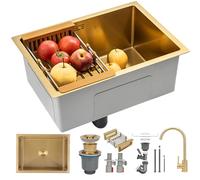 KOOGIMDDR Lavello da Cucina 60 x 40 cm Oro, Nano Lavandino Cucina 1 Vasca in Acciaio Inox, Lavabo Cucina con Rubinetto, Lavello Cucina con Set di Drenaggio, Sifone e Troppopieno, Lavelli da Cucina