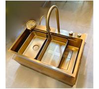 KOOGIMDDR Lavello da cucina 75 x 50 cm, dorato, con rubinetto a cascata, in acciaio inox, installazione rettangolare dall'alto con rondella a tazza, lavabo rimovibile, tagliere