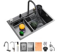 KOOGIMDDR Lavello da cucina per il posto di lavoro, 68 x 45 cm, con rubinetto a cascata, set singolo in acciaio inox, nero e grigio, per uso domestico, idropulitrice, tagliere, scolapiatti e accessori