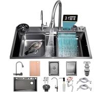 KOOGIMDDR Lavello da cucina per il posto di lavoro, 90 x 50 cm, con rubinetto a cascata, set singolo in acciaio inox, nero e grigio, per uso domestico, idropulitrice, tagliere, scolapiatti e accessori