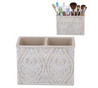 Kook Time Organizer Trucchi e Portaspazzolini Doppio Serie DAMASK - Porta Pennelli, Matite o Bagno - Motivo Floreale Rilievo - 14 x 7,5 x 10 cm - Crema