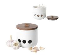 KOOK TIME Porta Aglio in Ceramica CURVE - Barattolo con Fori di Ventilazione e Coperchio in Legno di Acacia. Contenitore per Aglio, Cipolle o Zenzero. Design Moderno. 11.5 x 12 cm. - Bianco