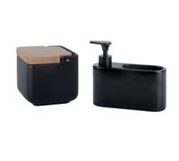 KOOK TIME Set 2 accessori da cucina - include Barattolo porta sale grosso e fino e Dispenser sapone con porta spugna lavandino cucina - Ceramica nera e bambù