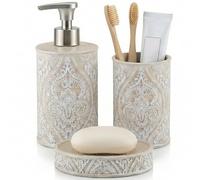 Kook Time Set Accessori Bagno 3 Pezzi - Dispenser Sapone con Pompa in Lega di Zinco, Bicchiere e Porta Saponetta - Resina Bianca Effetto Marmo e Bambù - Design Moderno e Resistente