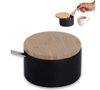KOOK TIME Zuccheriera Formaggiera in Ceramica con Coperchio in Legno di bambù e cucchiaino da Zucchero in Acciaio Inossidabile, per Casa e Cucina, sirve per Zucchero, Formaggio, spezie, ECC. (Negro)