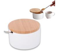 KOOK TIME Zuccheriera Formaggiera in Ceramica con Coperchio in Legno di bambù e cucchiaino da Zucchero in Acciaio Inossidabile, per Casa e Cucina, sirve per Zucchero, Formaggio, spezie, ECC. (Bianco)