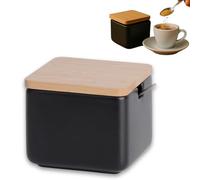 KOOK TIME Zuccheriera Formaggiera quadrato in Ceramica con Coperchio in Legno di bambù e cucchiaino da Zucchero in Acciaio Inossidabile, per Casa e Cucina, sirve per Zucchero, Formaggio, spezie (Nero)