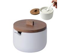 KOOK TIME Zuccheriera in Ceramica con Cucchiaino CURVE - Barattolo Piccolo con Coperchio in Legno di Acacia. Contenitore per Zucchero, Sale, Spezie o Formaggio. 10.5 x 9 cm. - Bianco
