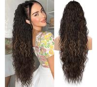 KooKaStyle Extension a coda di cavallo da 76 cm, con coulisse, per donne, capelli sintetici lunghi e ricci, per uso quotidiano (marrone con riflessi biondi)