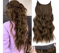 KooKaStyle Extension per capelli con filo invisibile, capelli sintetici ondulati lunghi, con filo trasparente, con 4 clip di sicurezza, regolabile, con filo segreto, per donne (50,8 cm, castano