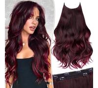 KooKaStyle Extension per capelli con filo invisibile, lunghe ondulate, a strati, con filo trasparente, misura regolabile, 6 clip di sicurezza, ombré bordeaux mix nero, per donne, 50,8 cm