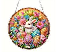 KookuLEE Placca da parete 5D dipinta a diamante, fai da te, decorazione artistica con coniglio, uova di Pasqua in stile cartone animato, ornamento da appendere fatto a mano, adatto per casa, parete