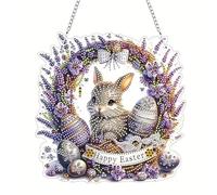 KookuLEE Placca da parete 5D dipinta con diamanti, fai da te, decorazione artistica con coniglio viola, ghirlanda di uova di Pasqua, ornamenti da appendere fatti a mano, adatto per casa, parete