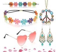 KOOKZ Accessori Hippie Costume, Stile Vintage Vestiti Anni 70 Accessori Carnevale Adulta, Occhiali Hippie, Fiori Bracciale Fascia Orecchini, Collana con Segno di Pace