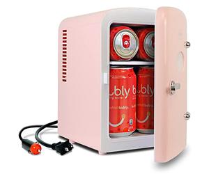 Koolatron 4L Retro Portable Mini Fridge w/ 12V DC and 220V AC Cords, 6 Can Electric Cool Box for Snacks, Drinks, Skincare, Beauty Serum, Face Mask, Desktop Accessory for Home Office Dorm Travel, Pink