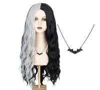 Koonfan Lily Munster, parrucca da donna con capelli lunghi ondulati, colore nero con capelli argentati, per feste di Halloween