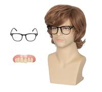 Koonfan - Parrucca corta da uomo in oro marrone peloso parrucca da costume Austin con occhiali neri e denti finti per Halloween