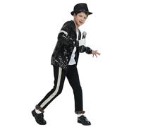 Koongso Costume da Michael da star della danza per bambini, per ragazzi e ragazze, pop king MJ, giacca con paillettes nere, pantaloni, cappello, guanti glitterati, abiti da ballo per bambini anni '80
