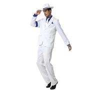 Koongso Costume da MJ da MJ, da uomo, per cosplay di Michael MJ, abito a righe bianche con cappello, cravatta, bretelle, camicia blu, per adulti anni '80 e '90, per feste pop e palcoscenico
