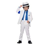 Koongso Costume Super Star Michael per Bambini, Abbigliamento Cosplay Pop King MJ per Ragazzi - Giacca a Righe Bianche, Pantaloni, Cravatta, Cappello, Outfits Anni 80 e 90 per Halloween, Disco, Danza