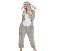 Koongso Pigiama natalizio per adulti a forma di coniglietto pasquale, in pile grigio, con cappuccio, per Halloween, feste in maschera, tuta per donne e uomini, Grigio, M