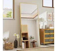 Koonmi Specchio a figura intera, 60 x 165 cm, cornice in alluminio, da appendere o appoggiare, in vetro temperato infrangibile per camera da letto, soggiorno, bagno, oro