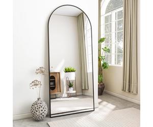 Koonmi Specchio da appoggio con parte superiore curva, 165 x 60 cm, specchio ad arco con vetro robusto, specchio intero montato a parete, appoggiato o posizionamento libero con clip, nero