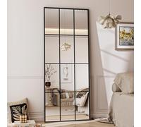 Koonmi - Specchio da finestra, 60 x 165 cm, rettangolare, decorativo, design a quadretti, con cornice in metallo, inclinato, per ingresso, soggiorno, colore nero