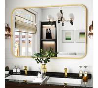 Koonmi Specchio da parete oro, 90 x 120 cm, specchio da bagno con angolo rotondo, Morden Specchio da parete con cornice in lega di alluminio per parete montato orizzontalmente o verticalmente, oro