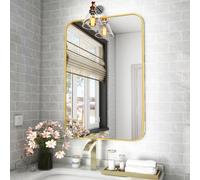 Koonmi Specchio da Parete Rettangolare, 51 x 71 cm, cornice in metallo, specchio da bagno rotondo ad angolo per parete, montaggio a parete orizzontale o verticale, Oro