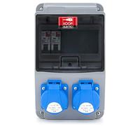 KOOP Elektro Distributore di corrente da costruzione cablato con fusibili e prese Schuko 2 x 230 V + 2 interruttori di circuito C16 1 polo, IP54, per interni ed esterni