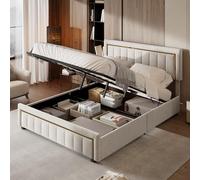 KOOPMAD Letto 140 x 200 con contenitore, letto cassettiera 140 x 200 con rete a doghe, letti per 2 persone per adulti, telaio di letti con testiera in bordi dorati, velluto, beige bianco (senza