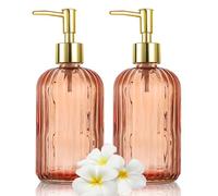 KOOSREEL Confezione da 2 flaconi versatili per sapone in vetro, 500 ml, erogatori a pompa antigoccia, ricaricabili, per bagno, piano di lavoro, cucina, lavanderia, color ambra, 500 ml