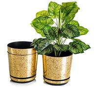 KORAD Set di 3 vasi con sottovaso di diametro 21 cm modello 012 - Oro Vecchio; glamour; moderno, alta brillantezza, stile classico, rustico, loft, per piante, erbe, fiori e composizioni vegetali.