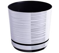 KORAD Vaso da fiori con sottobicchiere integrato - Decoro 071 - bianco con filo d'argento, diametro 16 cm - Vaso per piante in plastica di alta qualità - Pentola di piante con fori di drenaggio