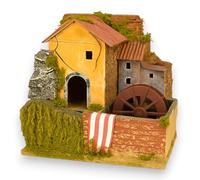 KORAT Mulino ad Acqua con Ruota e Pozzo per Presepe Napoletano 24x13x20 cm - Scenario Natalizio Artigianale in Legno, Resina e Muschio con Fontana e Casolare Rustico per Diorama Presepio