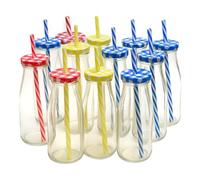 KORAT - Set 12 Bicchieri con Cannuccia e Tappo - Bottiglia in Vetro da 400 ML - Brocca, Boccale per Bibita Cocktail Apertivo, Bar Locale Party Compleanno