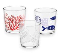 KORAT - Set 3 Bicchieri Decorativi Tema Mare In Vetro Trasparente 360 ml, Design Marino Con Pesci Corallo Stella Marina, Lavabili In Lavastoviglie, Per Acqua Bibite Aperitivi