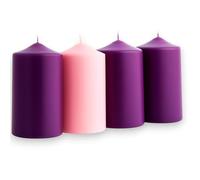 KORAT Set 4 Candele dell’Avvento Alte 15 cm Ø 7,5 cm - 3 Viola + 1 Rosa Candele Pilastro Colore Solido per Corona dell’Avvento e Decorazioni Natalizie Lunga Durata, Fiamma Stabile, Ideali per Liturgia