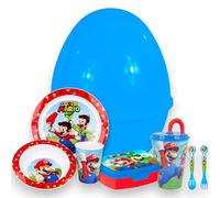 KORAT - Uovo Sorpresa Pasqua Bambini Idea Regalo con Set Pappa 7 Pezzi in Melamina - Piatti, Bicchiere, Borraccia, Porta Merenda e Posate - Uovo Grande 30x30x40 cm Pasqualone (Super Mario Bros)