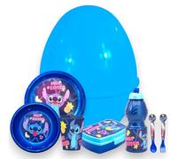 KORAT - Uovo Sorpresa Pasqua Bambini Idea Regalo con Set Pappa 7 Pezzi in Melamina - Piatti, Bicchiere, Borraccia, Porta Merenda e Posate - Uovo Grande 30x30x40 cm Pasqualone (Stitch Disney)