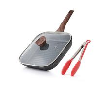 Kordisen Padella Bistecchiera Antiaderente con Coperchio 24 cm - Griglia Quadrata con Rivestimento in Granito, Doppio Beccuccio, Adatta all’Induzione, Senza PFOA