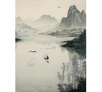 Korean Traditional Art 200-Page Lined Notebook: Featuring Mountains, Sea, and Crane Illustrations